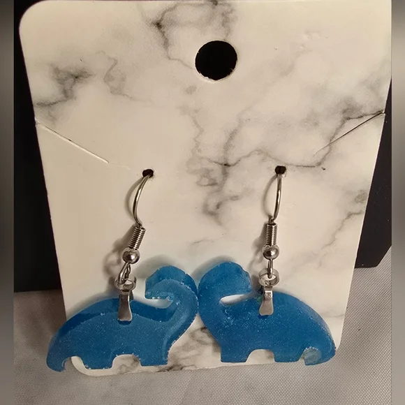 Blue Dinosaur Dangle Earrings Frosted Acrylic Animal Jewelry - Picture 2 of 7